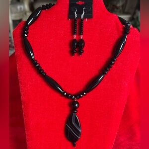 Handcrafted Black Onyx & Agate Gemstone Necklace & Earrings set.